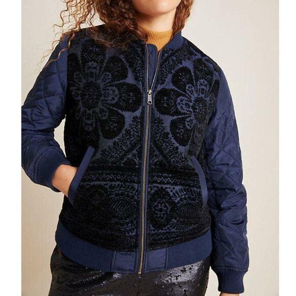 Anthropologie Jackets & Blazers - Anthropologie Bomber Jacket Womens Extra Large Blue Floral Quilted Chenille